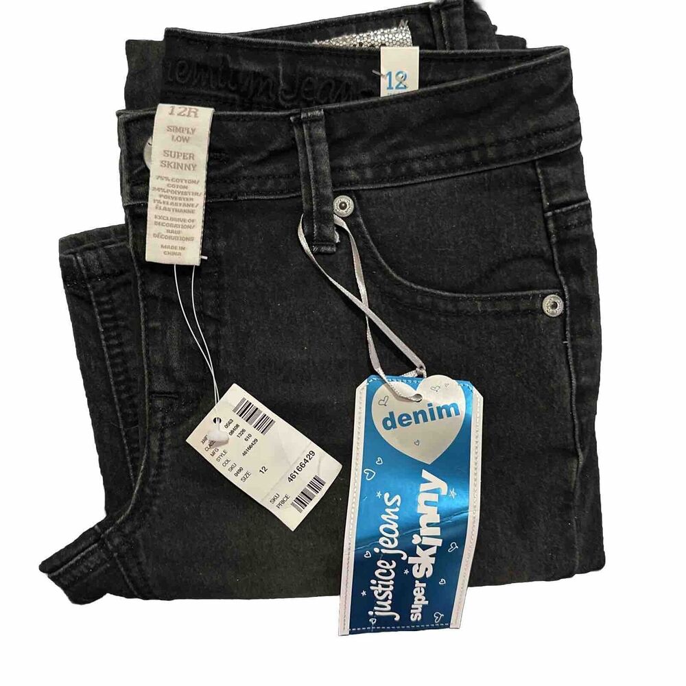 Justice‎ Sz12r Black Denim Jeans Super Skinny Girls Teens